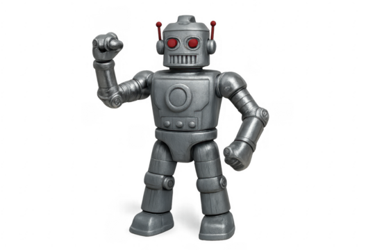 Silver robot pointing with finger on transparent background