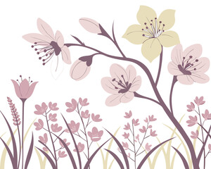 Fototapeta premium Elegant floral illustration with pastel colored blossoms and stylized meadow plants creating a serene springtime mood artwork
