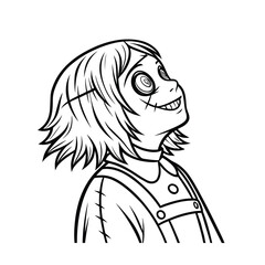 A distressed ragdoll character with a distinctive cracked eye and a crudely stitched grin