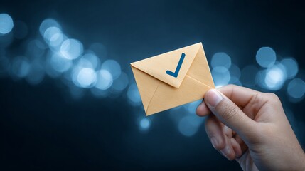Hand Holding Envelope with Check Mark Against Bokeh Background