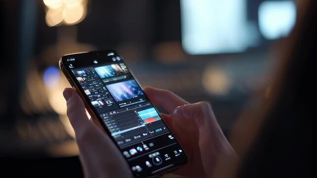 Individual editing video clips on a smartphone the screens bright interface sharply crisp contrasted with a dim studio background out of focus.