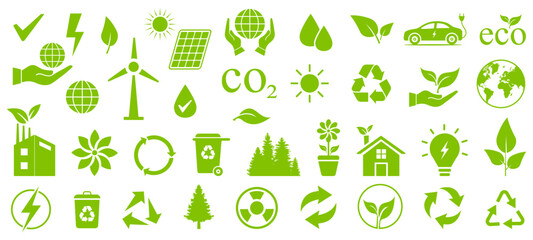 Eco Friendly Icons Set Sustainability Renewable Energy Recycling Green Technology and Nature Conservation Vector Illustration