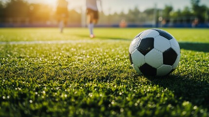 Fototapeta premium Soccer Ball Rests on Green Grass During Sunset at Practice Field With Players in the Background