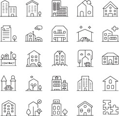 Real estate solid icons set. Real estate, building, bedroom, 