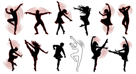 Silhouetted retro ballroom dancers performing various tango and swing poses — red and black stylized dancer figures in motion demonstrating partner dance steps for choreography, fitness, and dance eve