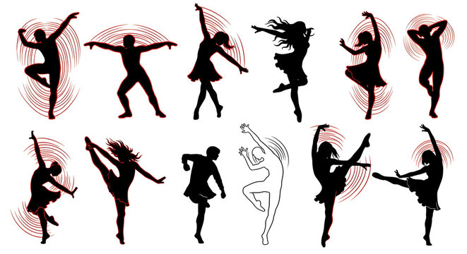 Silhouetted retro ballroom dancers performing various tango and swing poses — red and black stylized dancer figures in motion demonstrating partner dance steps for choreography, fitness, and dance eve