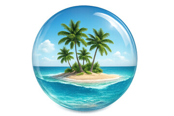 Tropical island with palm trees inside glass sphere on transparent background