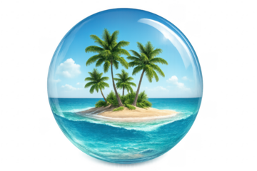 Tropical island with palm trees inside glass sphere on transparent background