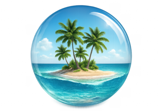 Tropical island with palm trees inside glass sphere on transparent background