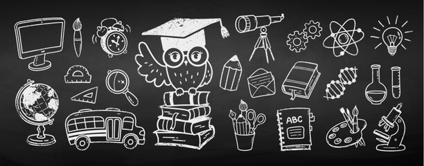 Vector illustration of hand drawn school and science doodles in white chalk on blackboard. Isolated education icon set.