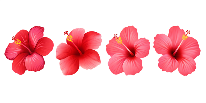 Four red hibiscus flowers in a row isolated on a transparent background tropical - Powered by Adobe