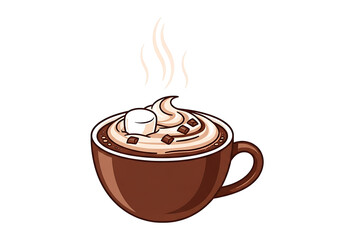 A cartoon depiction of a steaming mug of hot chocolate with marshmallow and chocolate toppings.