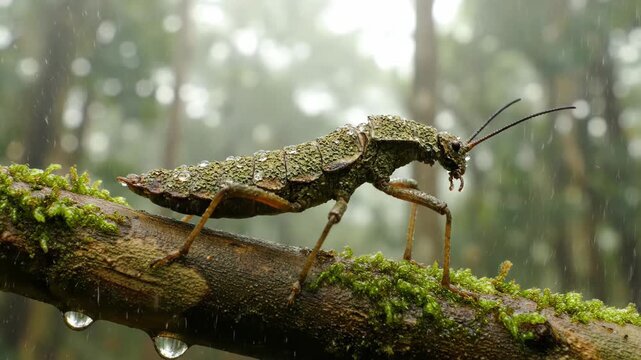 A macro photo of a perfectly camouflaged stick insect walking on a mossy branch during a rain shower in a lush and vibrant tropical rainforest