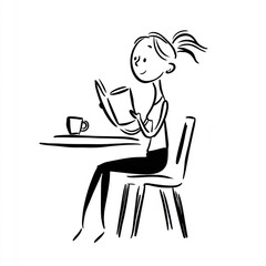 Simple drawing of a woman reading with a drink at a table