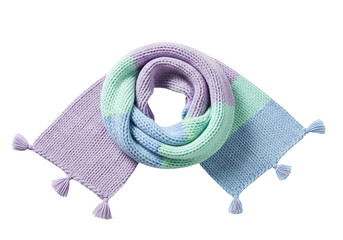 A vibrant, knitted scarf with pastel colors and decorative tassels is presented against a black backdrop.