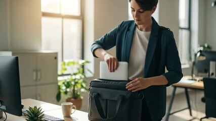 A professional businesswoman packs her laptop into a bag at the end of the workday in a modern office preparing for her daily commute home