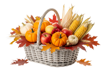 A white wicker basket overflowing with autumnal produce, including pumpkins, apples, corn, and fall leaves, creating a vibrant harvest scene against a black backdrop.