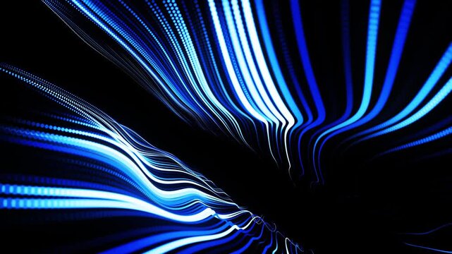 abstract 3d loop background with blue glow particles form curved lines and line form surface structure in 3d space. Festive vj loop with particles. Motion design background