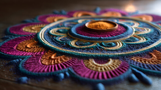 Intricate rangoli design for Diwali, colored powder rt