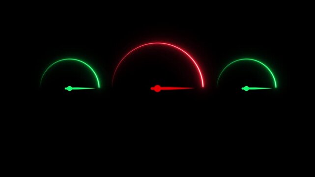 Glowing speedometer animation showing process or progress . performance meter, energy efficiency indicator, dynamic lighting . Fuel gauge scales icon. Closeup of speedometer and tachometer.