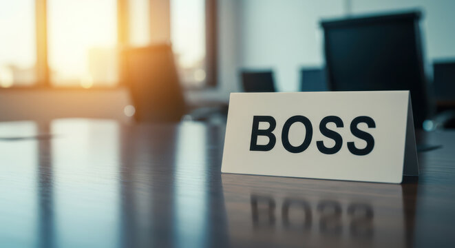 Modern office scene with 'boss' nameplate on a desk evoking leadership and corporate power