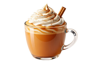 A transparent glass mug filled with a warm, spiced beverage, topped with a generous swirl of whipped cream and cinnamon sticks, is presented against a dark background.