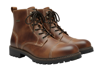 Two stylish, brown leather boots with sturdy soles are presented against a black background.