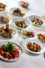 Assorted restaurant dishes with salads meat and seafood