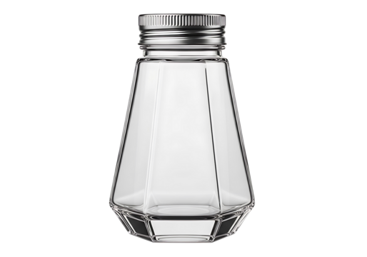 A clear, geometric bottle with a metallic cap, highlighting modern design elements.