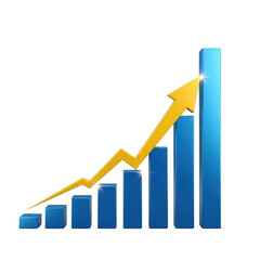Obraz premium 3d bar chart showing upward trend with yellow arrow indicating growth and success transparent background