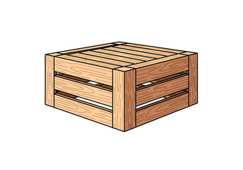 A detailed illustration of a light brown wooden crate, showcasing its construction with visible wood grain and compartments.