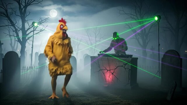 A surreal and funny halloween party in a foggy graveyard features a person in a chicken costume dancing to music from a zombie dj with laser eyes