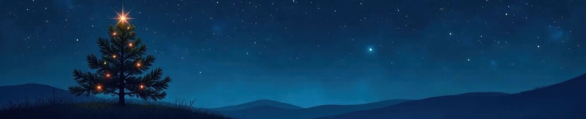 Stylized pine, small shooting star, dark blue background, modern, holiday, illustration