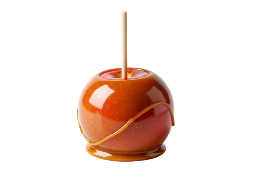 A caramel-coated  sits on a dark background, displaying a glossy, rich caramel coating and a vibrant red  core.
