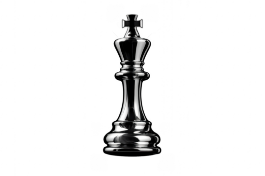 Silver king chess piece standing on transparent background