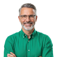 Smiling middle-aged man with glasses and green shirt arms crossed professional portrait transparent background