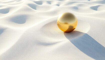 golden sphere resting on smooth white sand dunes surreal concept