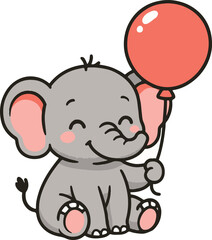 Naklejka premium Cute cartoon baby elephant holding a red balloon with a happy expression animal