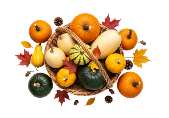 A wicker basket brimming with colorful gourds, pumpkins, and autumnal foliage against a stark black background.