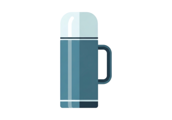 A stylized illustration of a teal-colored thermos with a light-gray lid and handle, presented on a plain black background.