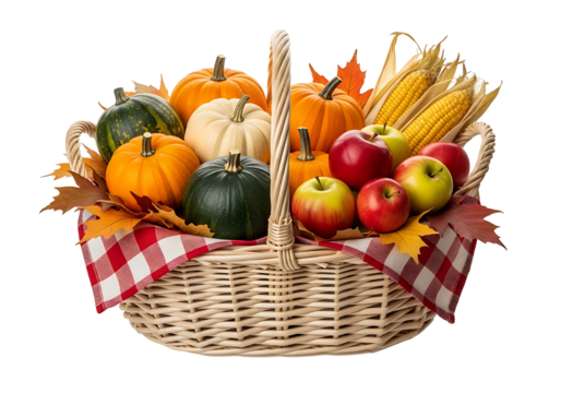 A charming wicker basket brimming with autumnal bounty, featuring pumpkins, apples, and corn, nestled amongst fall leaves, on a checkered tablecloth, against a stark black background.
