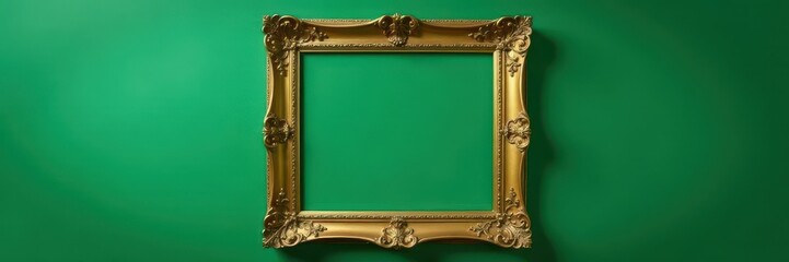 Antique gold frame, empty, ornate details, green wall , object, style, texture