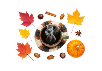 A steaming cup of coffee, surrounded by autumn leaves, acorns, chestnuts, cinnamon sticks, and a small pumpkin, creating a warm and cozy autumnal scene.