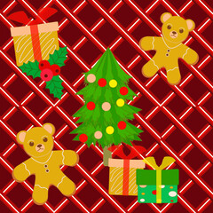 Christmas, New Year, holiday decoration, Christmas tree, gifts, bear, berries, bright red checkered background
