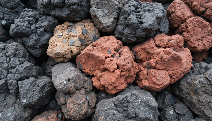 Volcanic rocks in various colors and textures are scattered on the ground, showcasing earthy tones of red, brown, and gray. The formation highlights natural geological processes