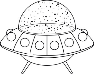 Flying alien spacecraft black-and-white vector illustration