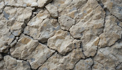 Fototapeta premium The ground displays a network of deep cracks and rough textures, highlighting the effects of prolonged dry conditions in a desolate area. The landscape showcases extreme aridity