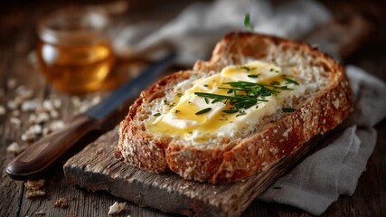 Close-up of a buttered bread slice melting on a wooden board, creating a mindful eating ambiance.