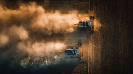 Fototapeta premium Aerial Drone View of Combine Harvesters Working on Fields During Autumn Harvest