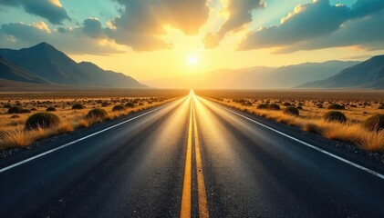 Endless asphalt ribbon vanishing into a hazy horizon, sun-drenched landscape, perfect for travel, adventure, and freedom themes A scenic route leading to the unknown , exploration, horizon
